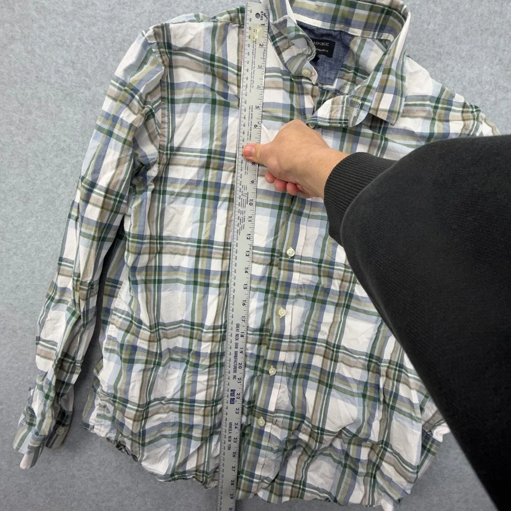 Banana Republic Mens Large Plaid Button Down Shirt Soft Wash Standard Fit Green‎